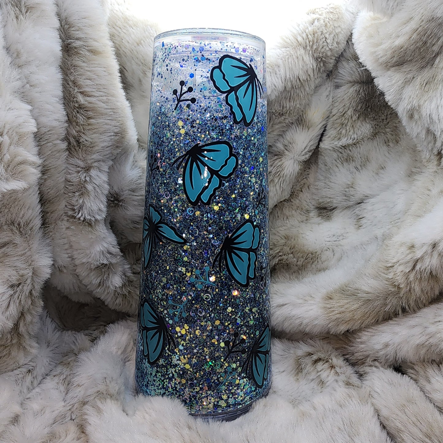 24 Oz Ready to Ship Acrylic Snow Globe - Blue Glitter Butterfly
