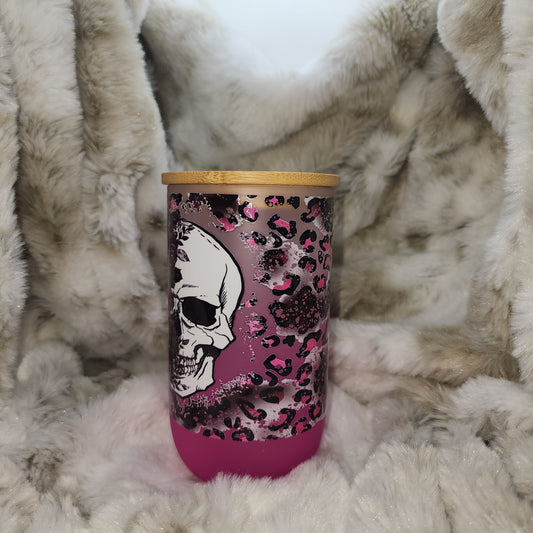 16 Oz Ready to Ship Glass Wine/Can - Pink Ombre Skull