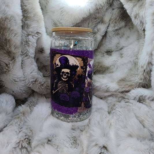 16 Oz Ready to Ship Glass Can Snow Globe - Skull Card