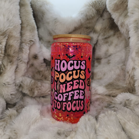 16 Oz Ready to Ship Glass Can Snow Globe - Hocus Coffee Pink