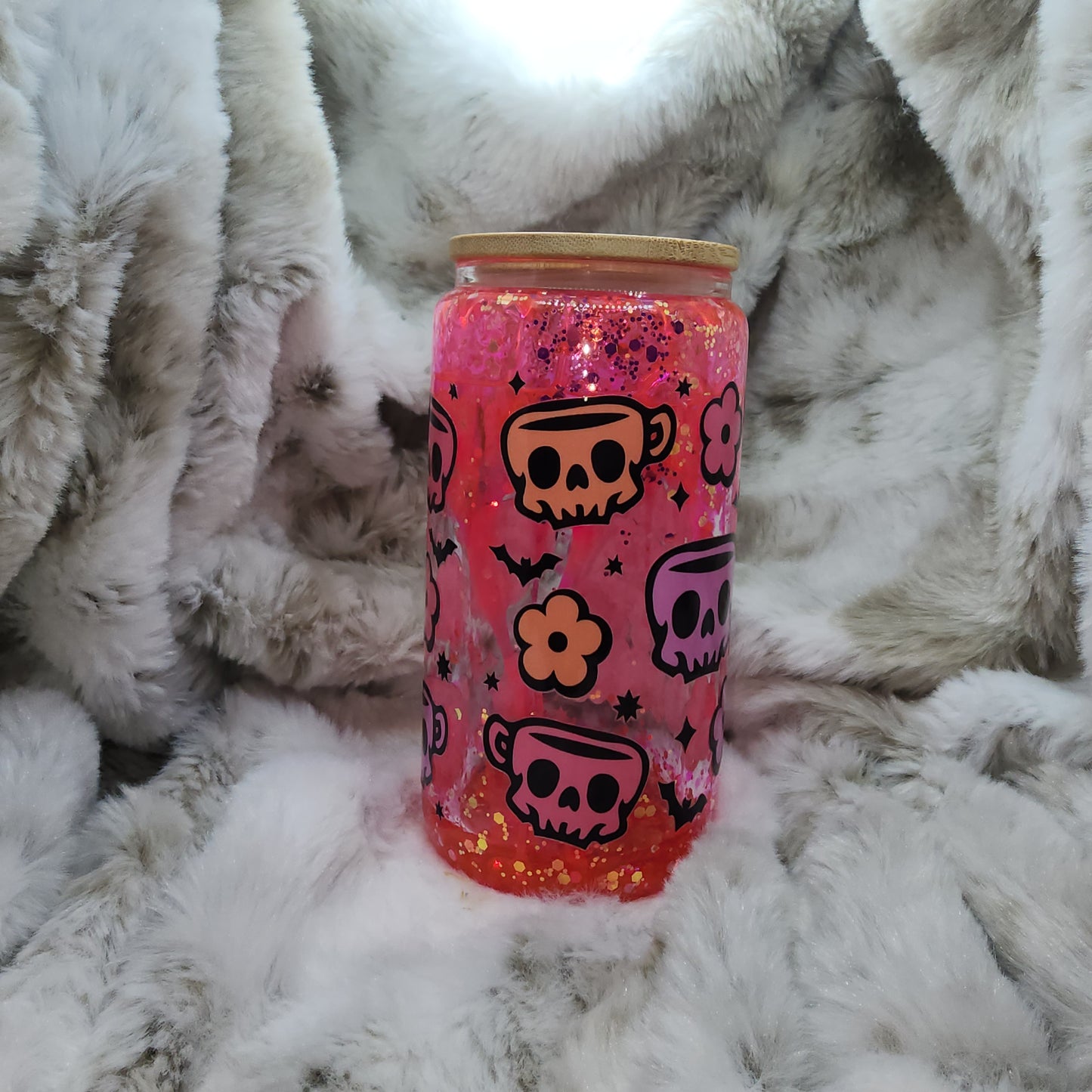 16 Oz Ready to Ship Glass Can Snow Globe - Hocus Coffee Pink