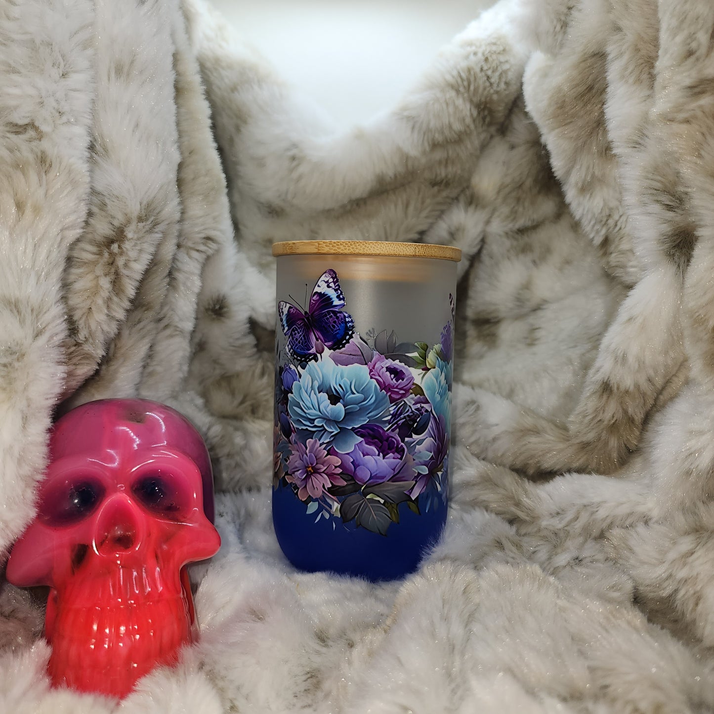 16 Oz Ready to Ship Glass Wine/Can - Blue Ombre Flowers & Butterflies