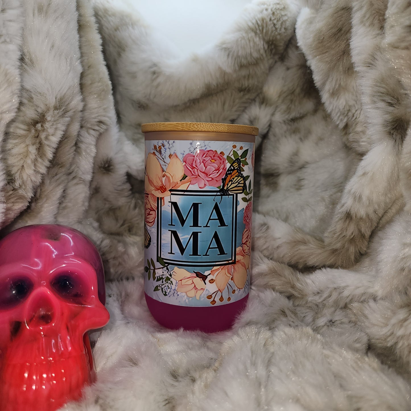 16 Oz Ready to Ship Glass Wine/Can - Pink Ombre Mama w/Flowers